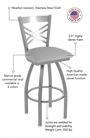 Featuring 2.5" highly dense foam, high quality American made swivel function, fully welded joints for strength and stability, marine grade commercial vinyl, and weather-resistant stainless steel finish