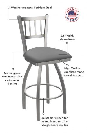 Featuring 2.5" highly dense foam, high quality American made swivel function, fully welded joints for strength and stability, marine grade commercial vinyl, and weather-resistant stainless steel