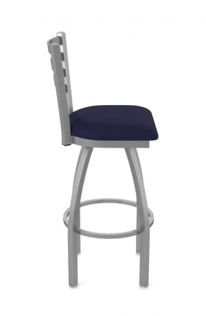 Holland's Jackie Outdoor Stainless Steel Bar Stool in Breeze Sapphire Blue Vinyl Cushion - Full Side View
