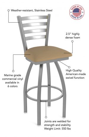 Featuring 2.5" highly dense foam, high quality American made swivel function, fully welded joints for strength and stability, marine grade commercial vinyl, and weather-resistant stainless steel