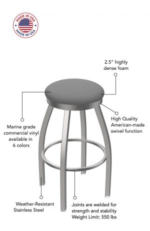 Featuring 2.5" highly dense foam, high quality American made swivel function, fully welded joints for strength and stability, marine grade commercial vinyl, and weather-resistant stainless steel