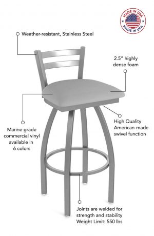 Featuring 2.5" highly dense foam, high quality American made swivel function, fully welded joints for strength and stability, marine grade commercial vinyl, and weather-resistant stainless steel