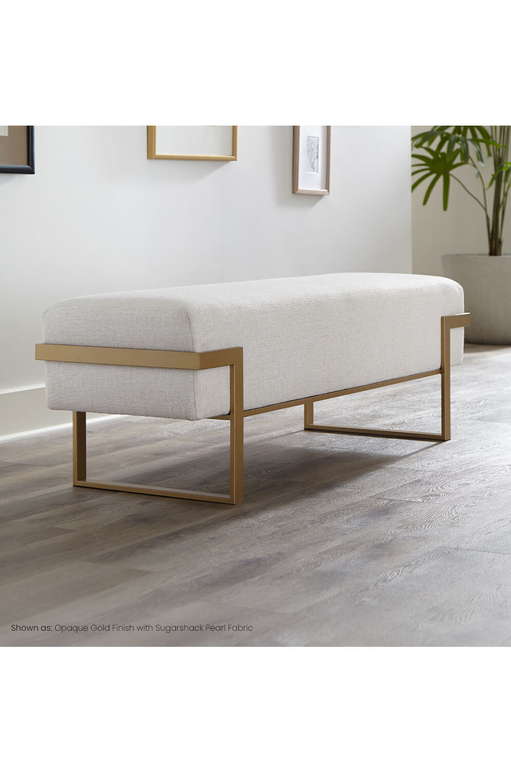 Wesley Allen's Athena Modern Upholstered Bench with Gold Metal Legs and White Fabric