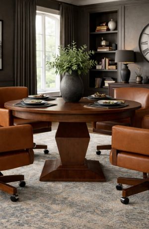 Darafeev's Euclid Solid Wood Luxury Poker Table Set in Leather in Masculine Dining Room
