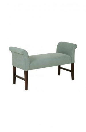 Fairfield's Garfield Modern Upholstered Wood Bench with Rolled Arms in Green Fabric