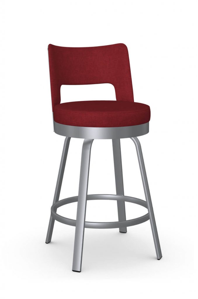 Gray Swivel Bar Stool with Red Accent Fabric