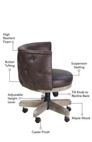 Featuring high resilient foam, suspension seating, tilt swivel knob, adjustable height lever, maple wood, and caster finish.