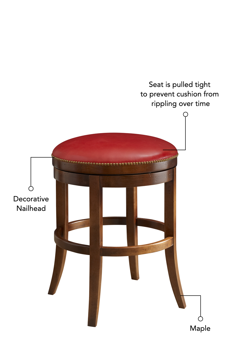 Seat is pulled tight to prevent cushion from rippling over time, includes decorative nailheads outlining the seat, and a maple base.