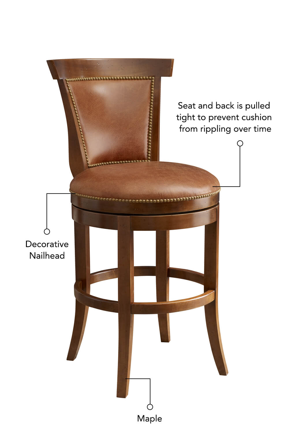Features decorative nailhead trim outlining the seat and back, maple wood base, and pulled seat and back cushion.