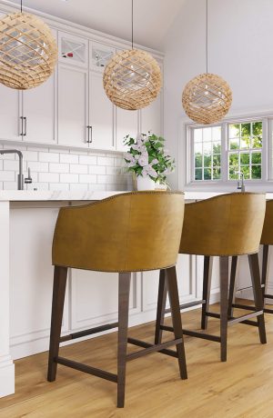Leathercraft's Baxter Luxury Leather Wood Bar Stool in Modern White Kitchen - Side View