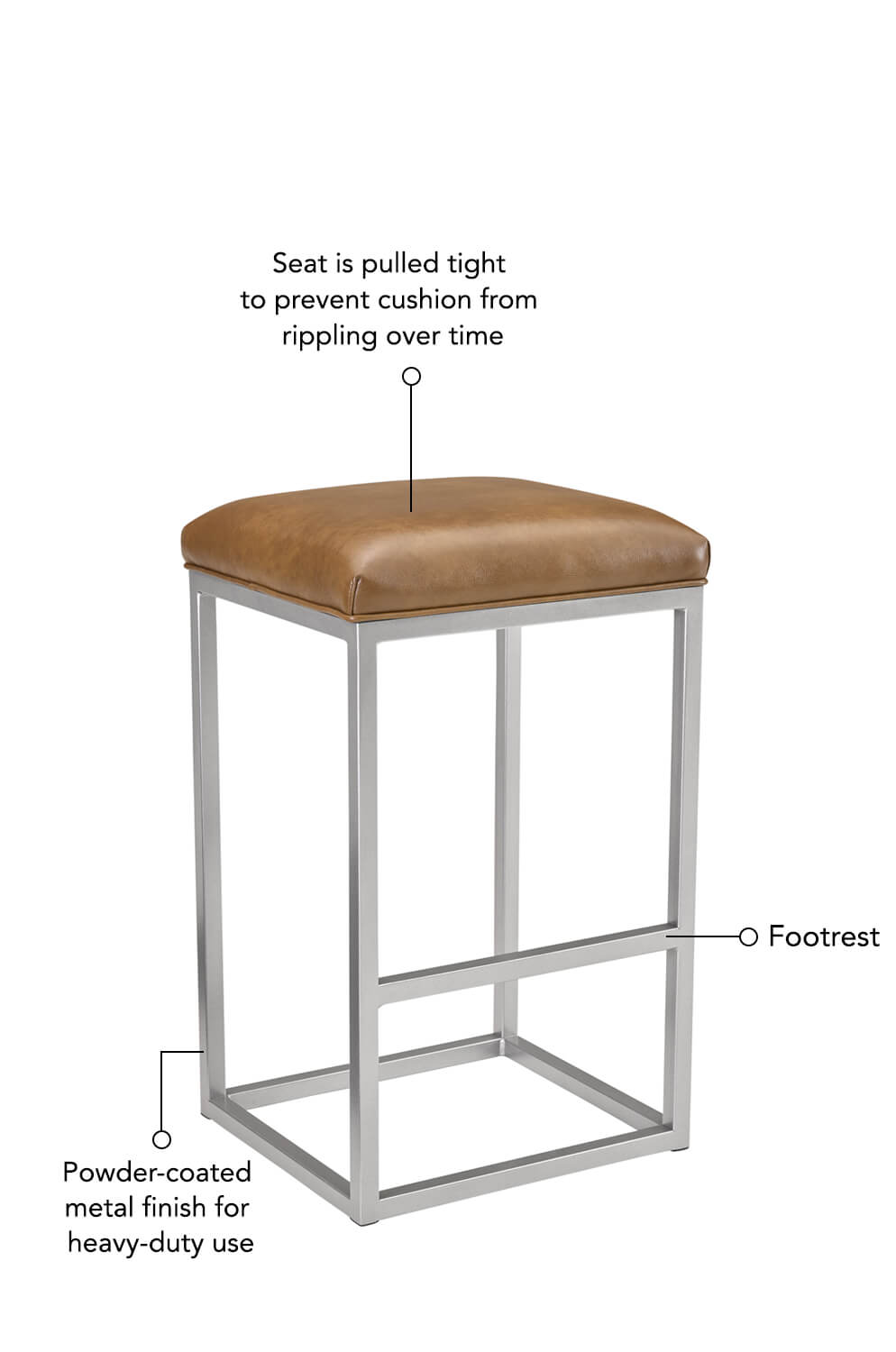 Seat is pulled tight to prevent cushion from rippling over time, powder-coated metal finish for heavy duty use, and solid metal footrest make this stool a winner!