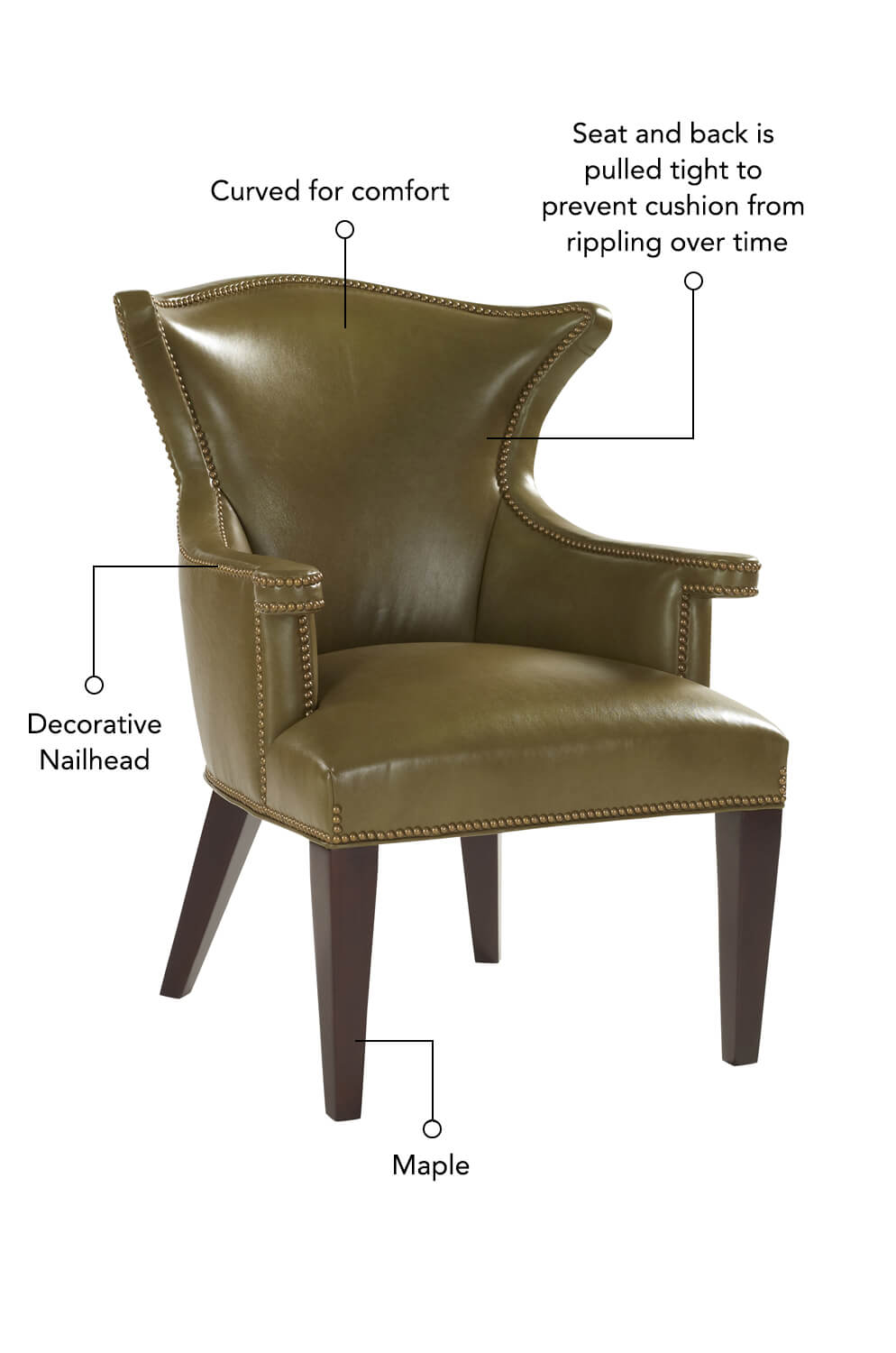 Features decorative nailhead trim around seat, back, and arms, as well as a back curved comfort, maple base. The seat and back is pulled tight to prevent cushion from rippling over time.