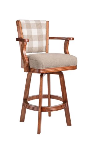 Traditional Maple Swivel Bar Stool with Arms and Buffalo Plaid Back Taupe Seat Darafeev
