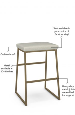 Seat available in your choice of fabric or vinyl, cushion is soft more than firm, metal available in 10+ finishes, and the joints are heavy-duty for support.