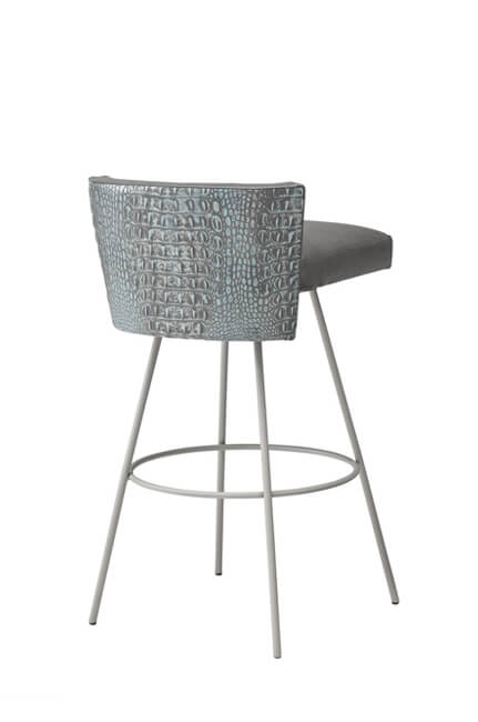 Leathercraft's Alfie Swivel Metal Bar Stool with Low Back in Gray Leather with Crocodile Back Cushion