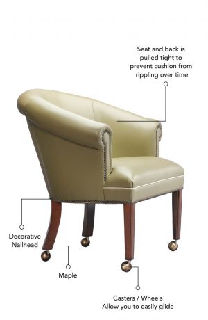 Seat and back is pulled tight to prevent cushion from rippling over time, features decorative nailhead outlining the base of the seat and arms, and maple wood base. Casters on the base help you easily move the chair around.