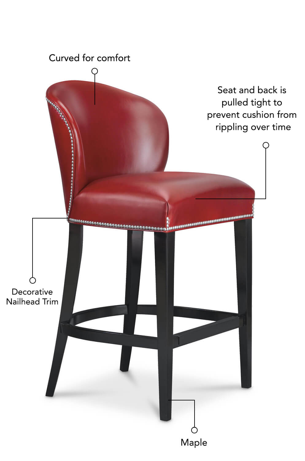 Seat and back is pulled tight to prevent cushion from rippling over time, curved back for comfort, decorative nailhead trim, and the base is made of maple wood.