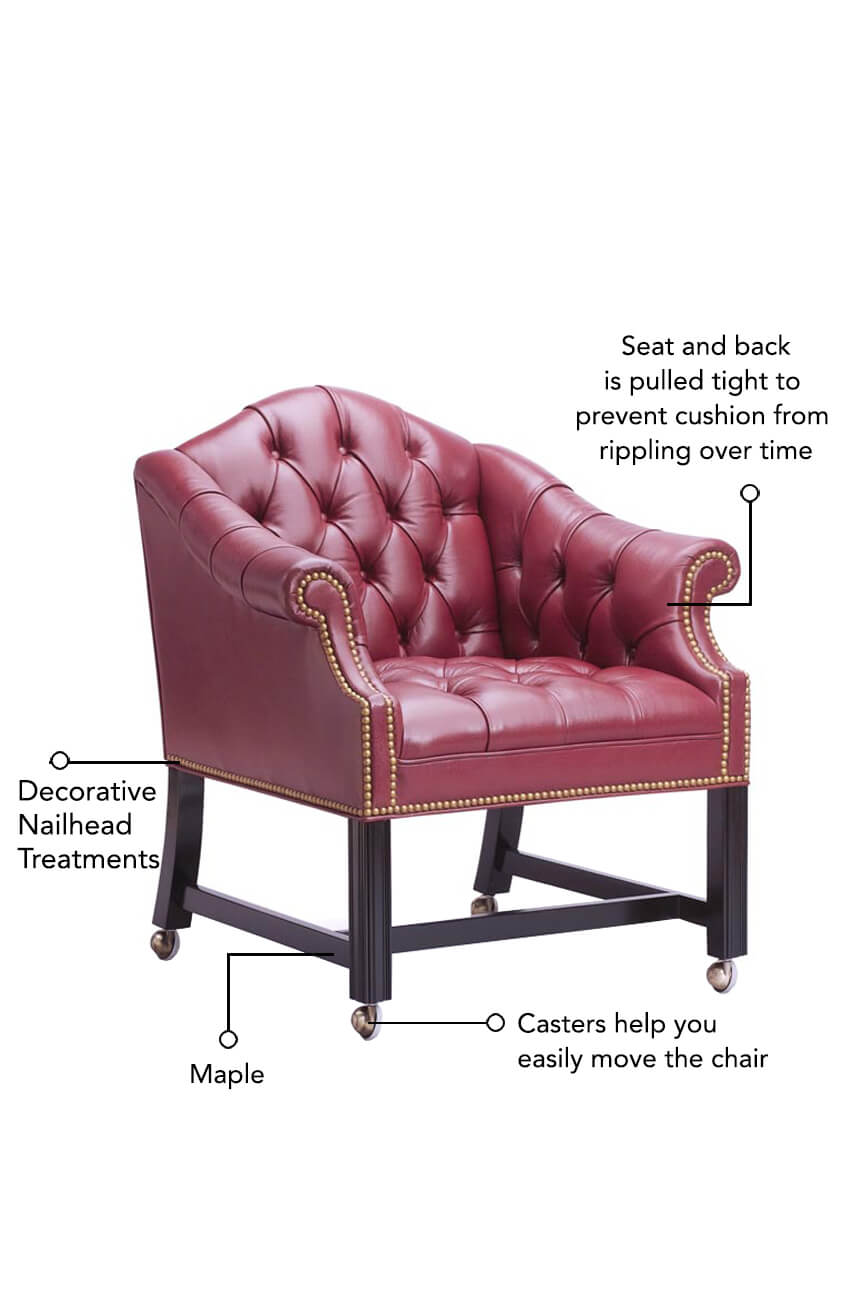 Seat and back is pulled tight to prevent cushion from rippling over time, features decorative nailhead outlining the base of the seat, and maple wood base. Casters on the base help you easily move the chair around.