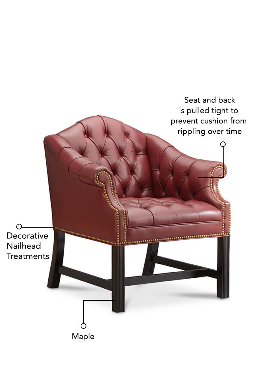 Seat and back is pulled tight to prevent cushion from rippling over time, features decorative nailhead outlining the base of the seat, and maple wood base.