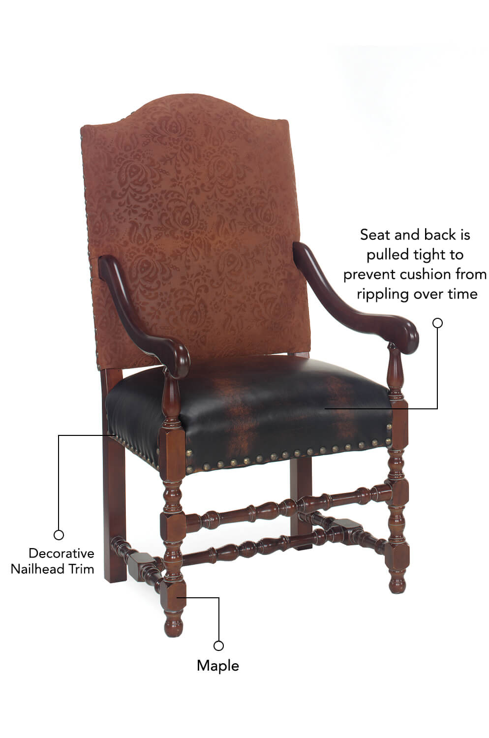 Seat and back is pulled tight to prevent cushion from rippling over time, base is made of Maple, and decorative nailhead treatments outline the base of the seat.