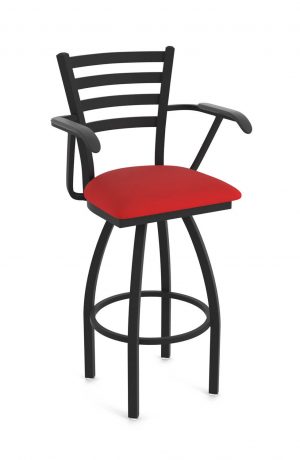Holland's Jackie Swivel Black Bar Stool with Arms and Canter Red Seat Cushion