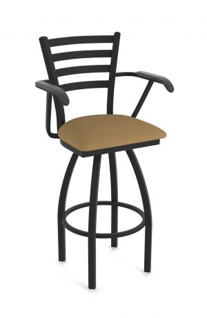Holland's Jackie Swivel Black Bar Stool with Arms and Canter Saddle Seat Cushion