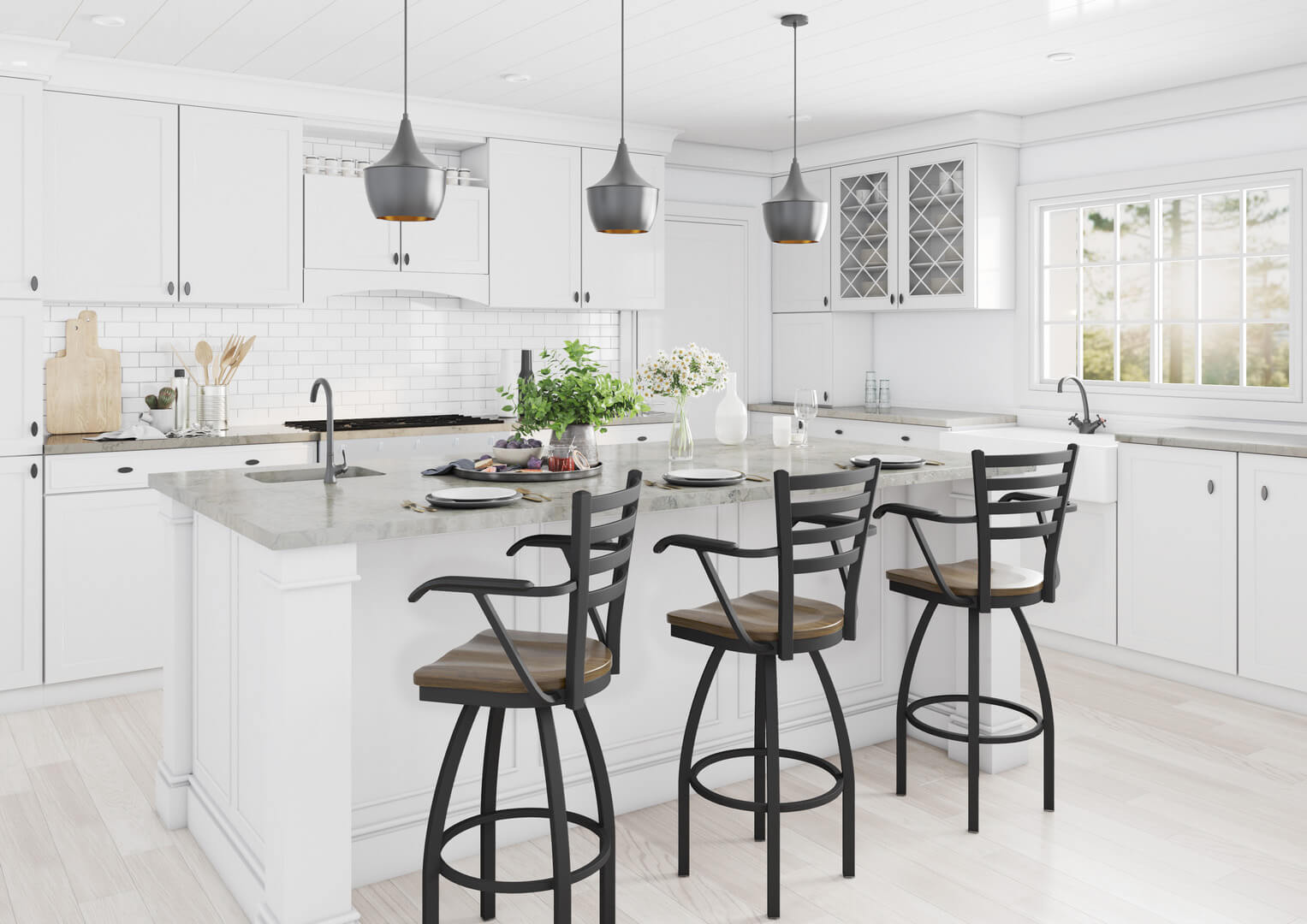 Holland's Jackie Swivel Bar Stools with Arms in White Modern Kitchen