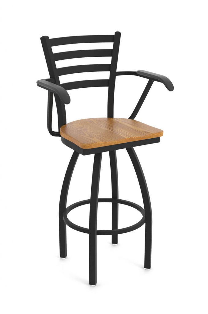 Holland's Jackie Swivel Metal Bar Stool with Arms and Medium Oak Wood Seat