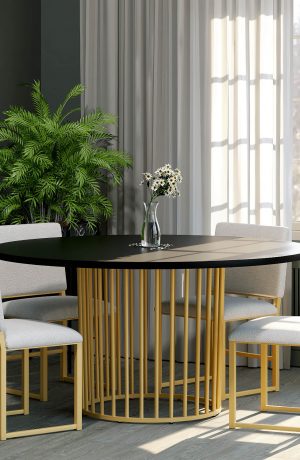 Wesley Allen's Franklin Gold Modern Dining Chairs in Dining Room with Table