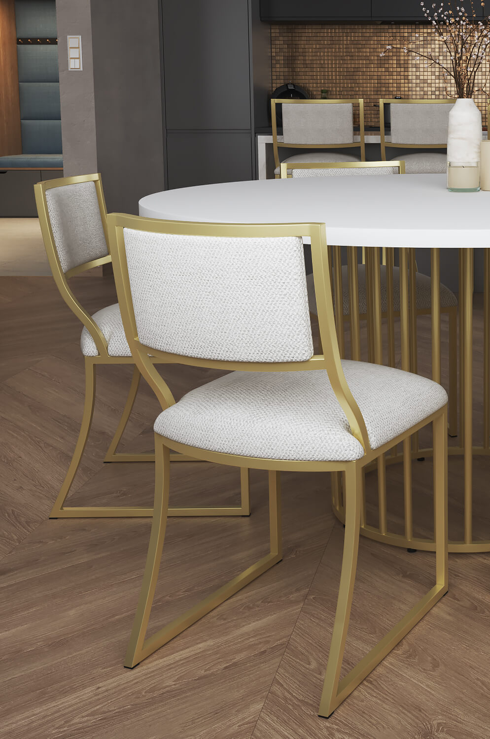Wesley Allen's Ki Modern Gold and White Chair in Dining Room