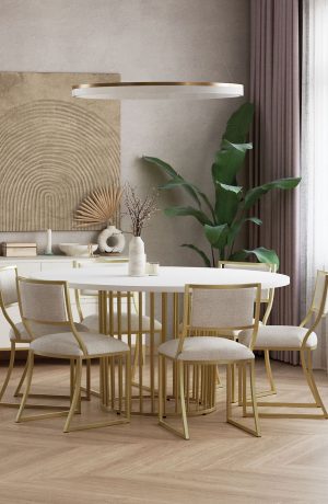 Wesley Allen's Ki Modern Gold Metal Armless Chairs in Lavish Dining Room