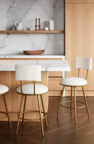 Wesley Allen's Rei Hammered Brass Swivel Bar Stool in Modern Kitchen