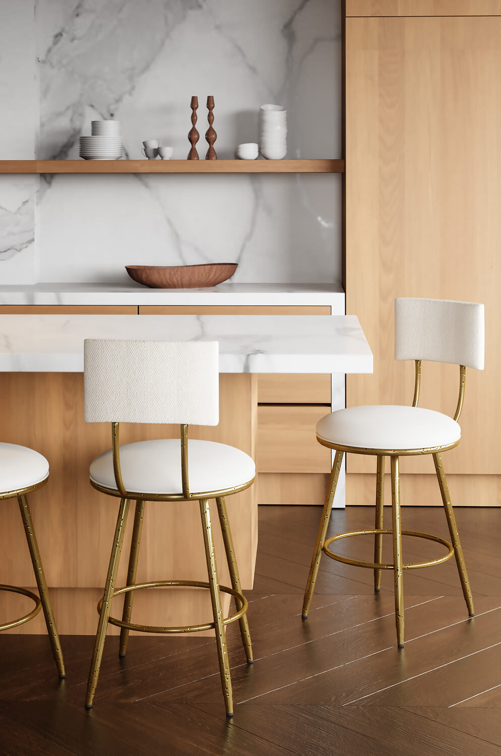 Wesley Allen's Rei Hammered Brass Swivel Bar Stool in Modern Kitchen