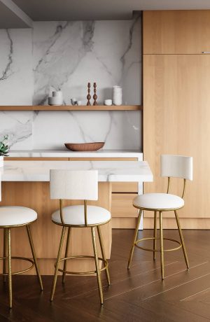 Wesley Allen's Rei Hammered Brass Swivel Bar Stools in Modern Kitchen