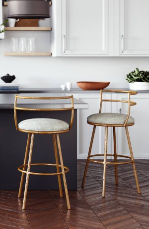 Wesley Allen's Ryo Hammered Swivel Bar Stool with Low Back in Modern Kitchen