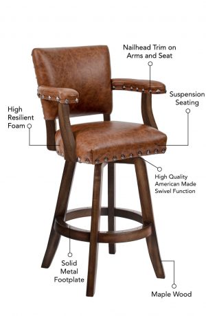 Features nailhead trim, suspension seating, high resilient foam, maple wood, solid metal footplate, and high quality American made swivel function.