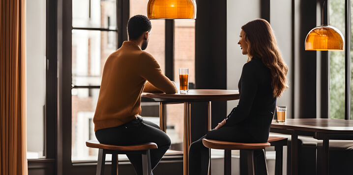 A couple sitting high up on bar stools overlooking a window