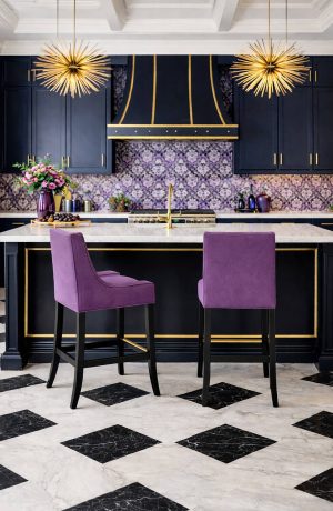 Style Upholstering's 101 Black and Purple Wood Bar Stools in Modern Purple and Blue Kitchen