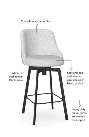 Featuring a curved back for comfort, heavy duty metal joints for support, seat and back cushion available in your choice of fabric or vinyl, and a metal base available in 10+ finishes.