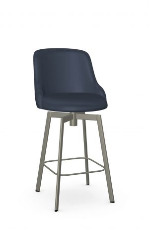 Amisco's Diego Taupe Metal Swivel Counter Stool with Low Curved Back in Blue Vinyl