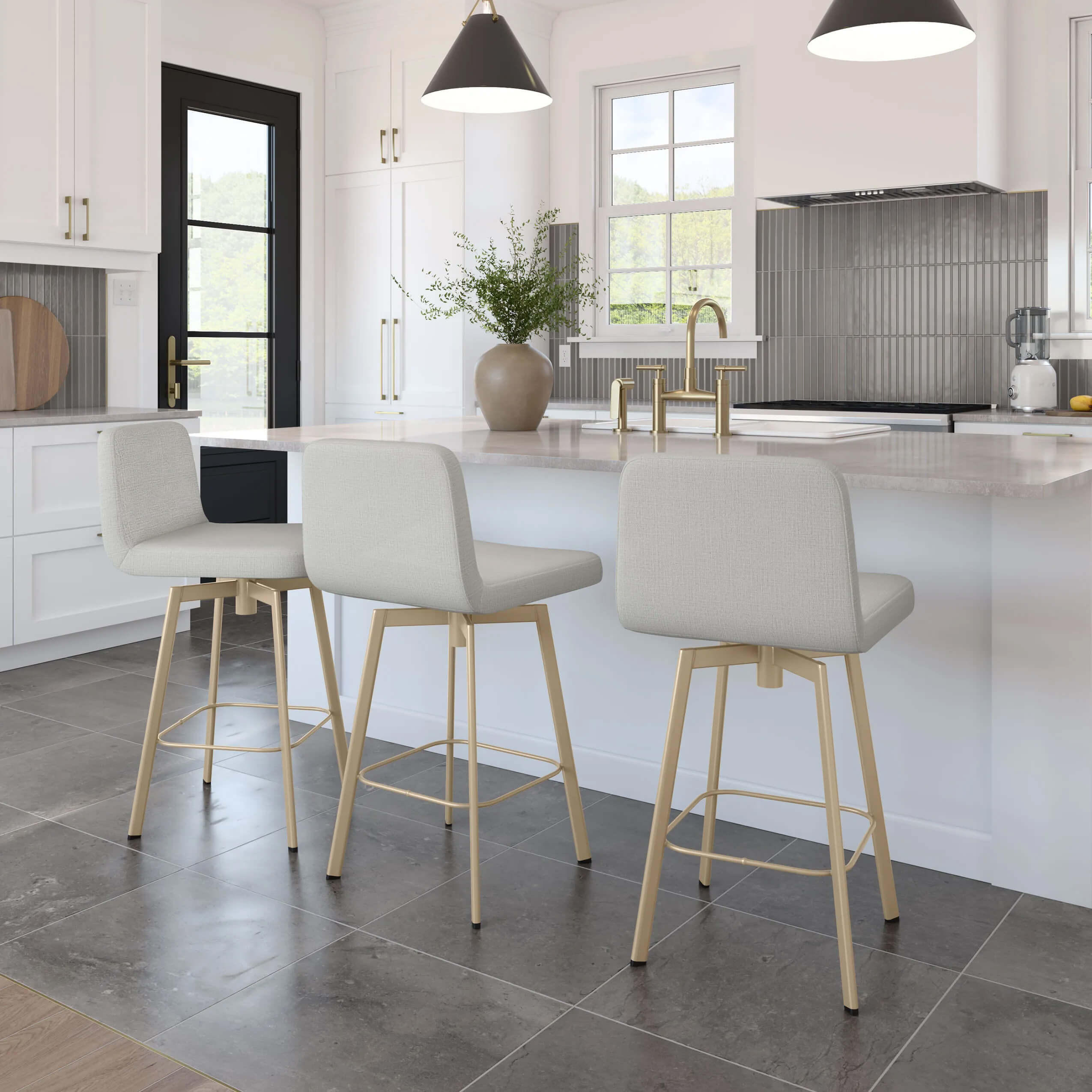 Amisco's Tully Low Back Swivel Counter Stool in Modern White Gold Kitchen