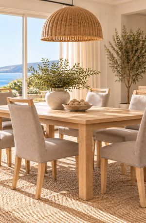 Six beige upholstered dining chairs with light wood legs, high backs, and curved wooden top rails arranged around a dining table in a California coastal dining room.
