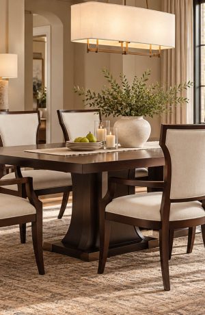Six cream upholstered dining chairs with dark espresso wood frames, curved arms, and upholstered backs arranged around a rectangular dining table.