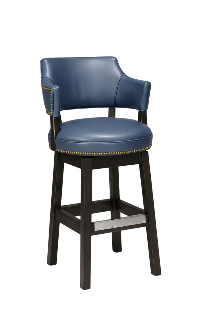 Luxury Blue Upholstered Swivel Bar Stool with Arms and Nailheads 180