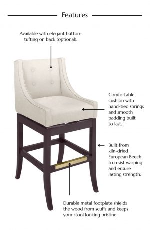 Features: Available with elegant button-tufting on back (optional) • Comfortable cushion with hand-tied springs and smooth padding built to last • Built from kiln-dried European Beech to resist warping and ensure lasting strength • Durable metal footplate shields the wood from scuffs and keeps your stool looking pristine.