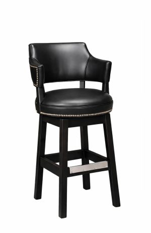 Style Upholstering's 141 Black Wood Bar Stool in Black Leather and Nailhead Trim