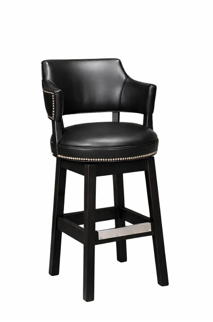 Style Upholstering's 141 Black Wood Bar Stool in Black Leather and Nailhead Trim