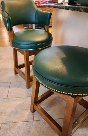 Style Upholstering's #141 Green Wood Bar Stool with Arms and Nailhead Trim