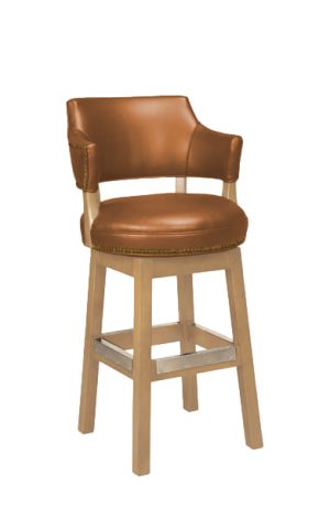 Style Upholstering's #141 Natural Wood Swivel Bar Stool in Brown Leather with Nailheads