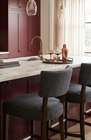 Style Upholstering's 15-BS Upholstered Bar Stools with Backs in a Burgundy Kitchen